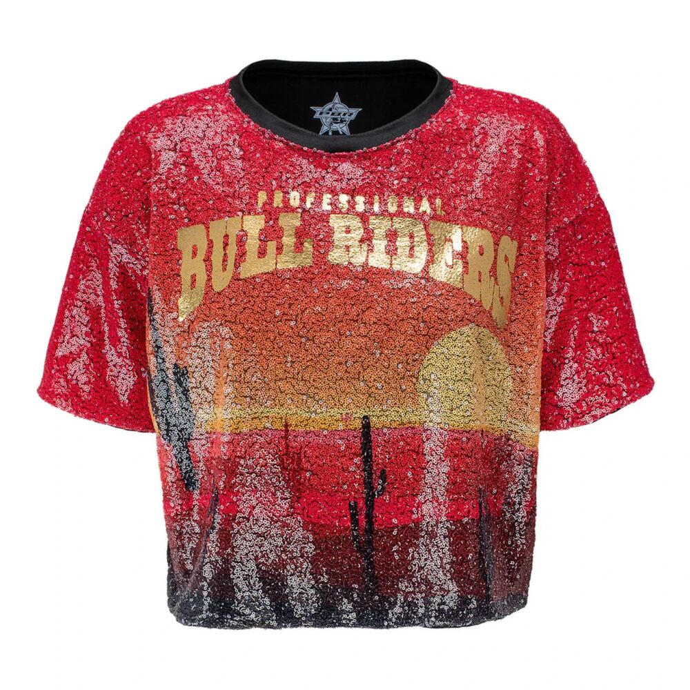 NWT PBR Ladies Sequin Desert Scene Crop Top Shirt Sz M Western Dressy Bull
